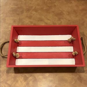 Red and White striped Wooden Picnic tray; Used , good condition